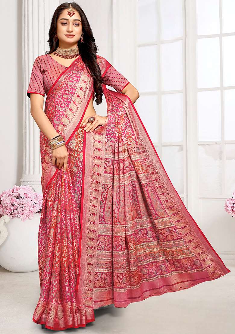Pink Brasso Saree Set with Embroidered for Diwali | Wedding & Festive Wear - Indya