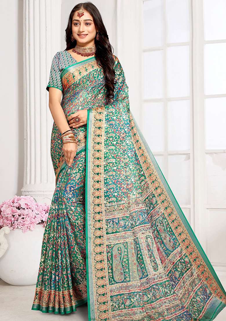Green Embroidered Brasso Saree Set for Diwali and Festive Wear - Indya