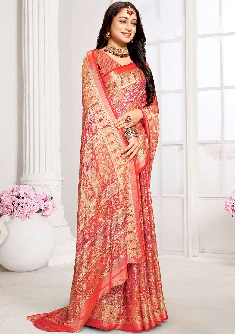Orange Brasso Saree Set with Embroidered for Diwali | Wedding & Festive Wear - Indya