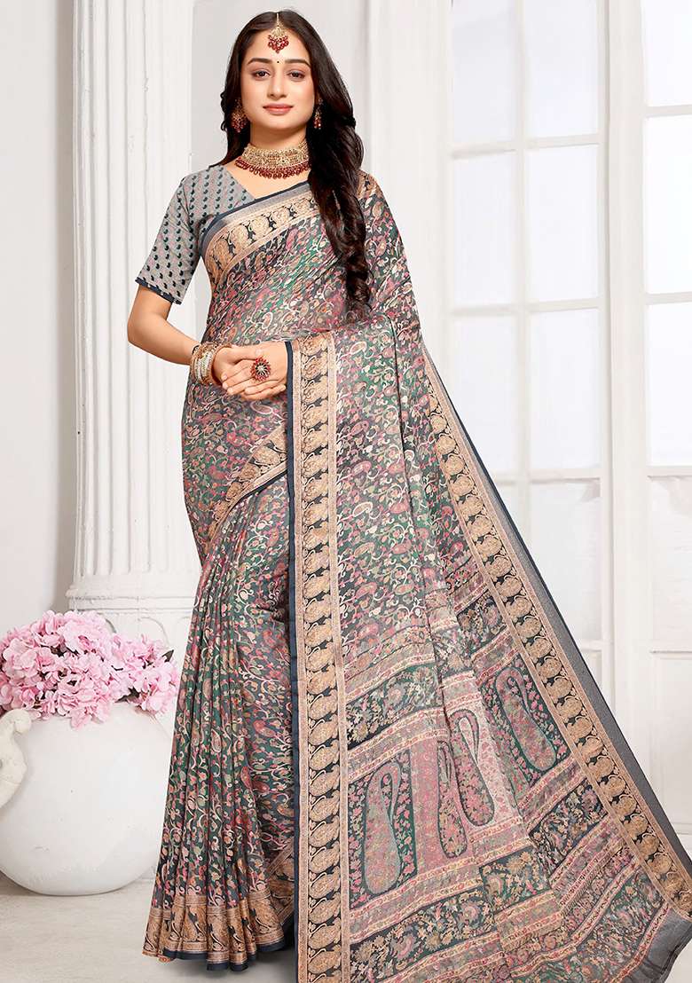 Grey Brasso Saree Set with Embroidered for Diwali | Wedding & Festive Wear - Indya