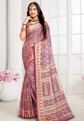 Purple Embroidered Brasso Saree Set