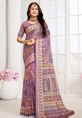 Plum Embroidered Brasso Saree Set