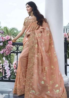 Peach Embroidered Silk Saree Set