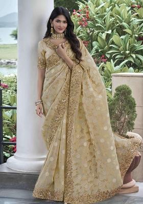 Cream Embroidered Silk Saree Set