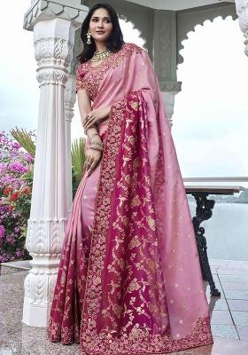 Pink Embroidered Silk Saree Set
