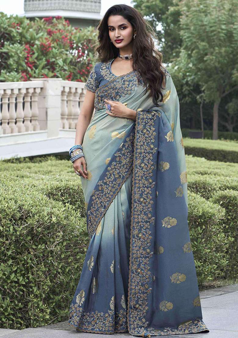 Grey Embroidered Silk Saree Set - Indya