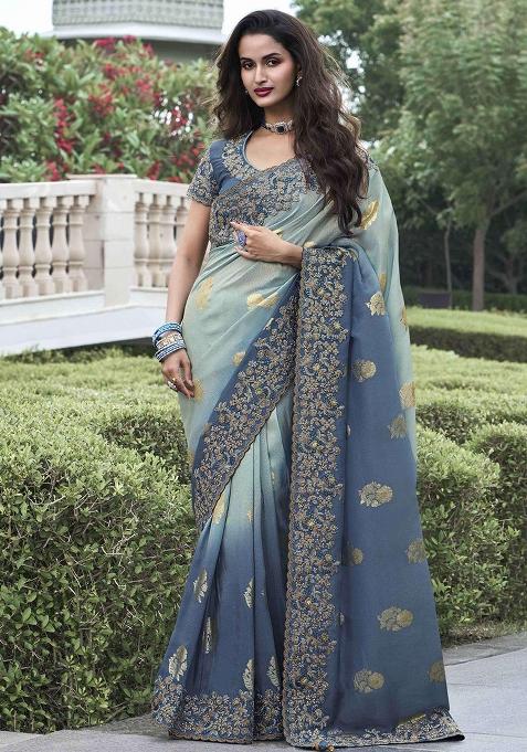 Grey Embroidered Silk Saree Set