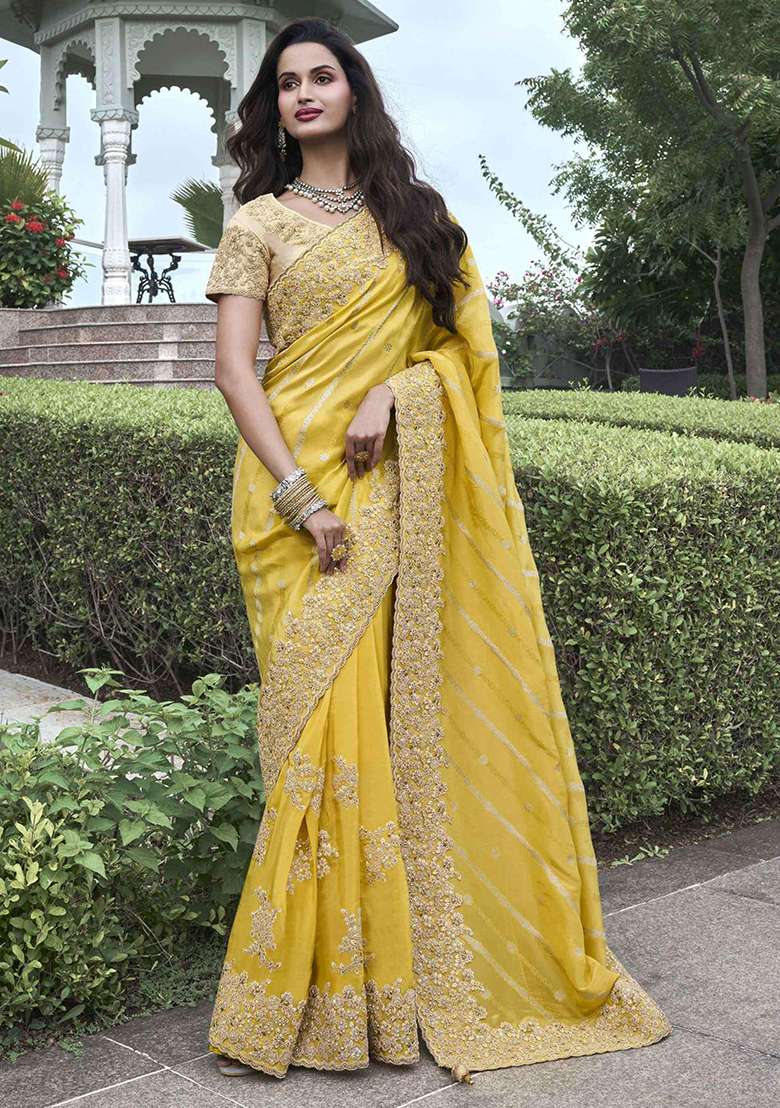 Yellow Embroidered Silk Saree Set - Indya