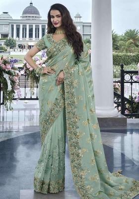 Pista Green Embroidered Silk Saree Set