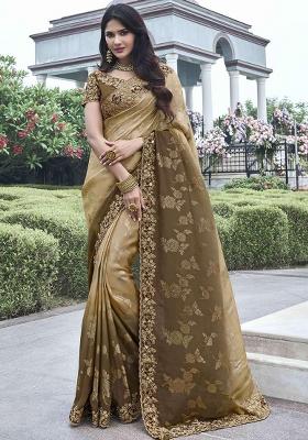 Brown Embroidered Silk Saree Set