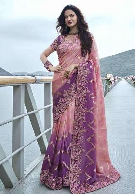 Purple Embroidered Silk Saree Set