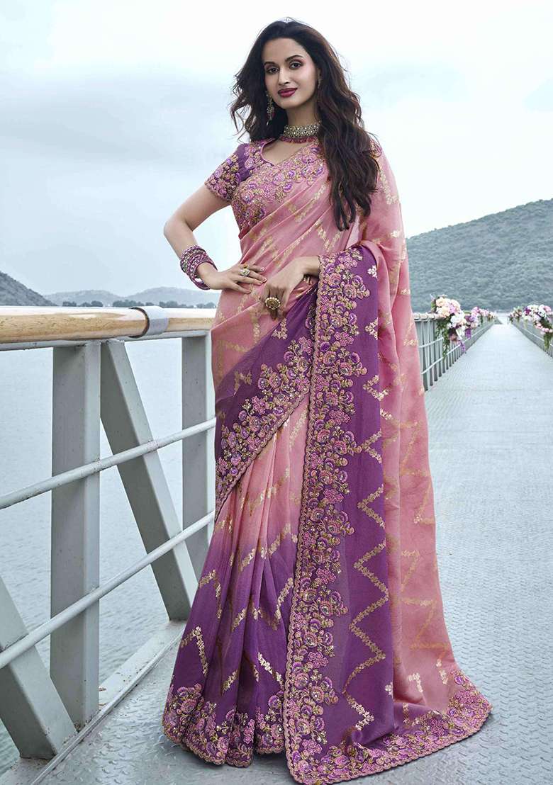 Purple Embroidered Silk Blend Saree Set - Indya
