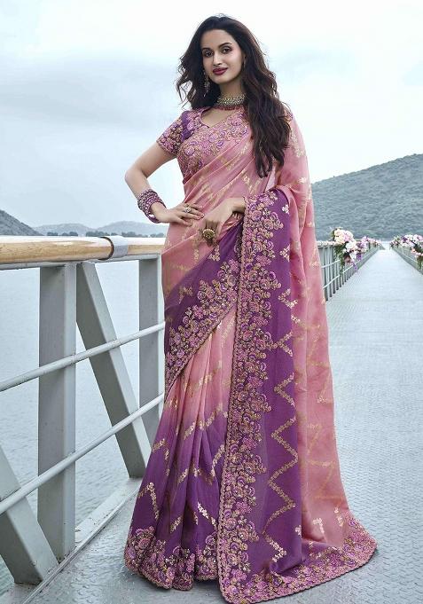 Purple Embroidered Silk Saree Set