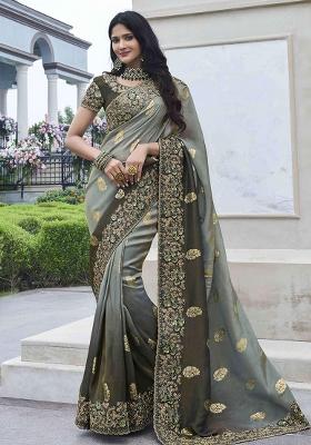 Grey Embroidered Silk Saree Set
