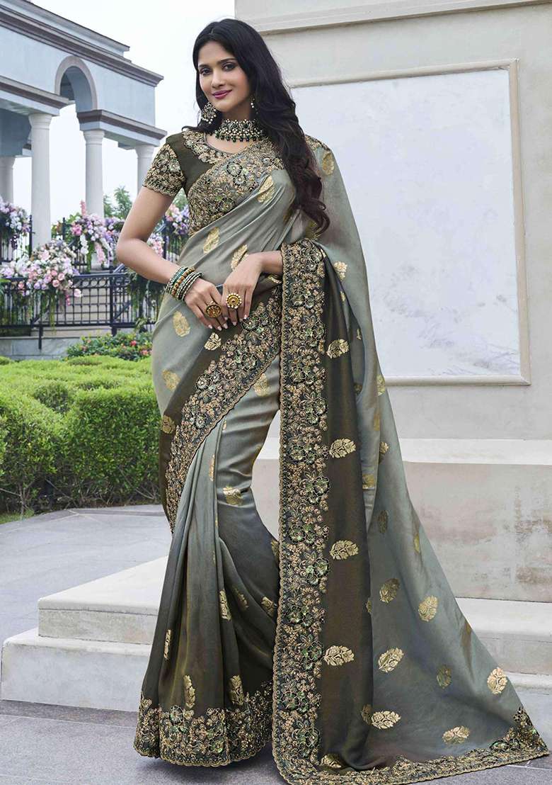 Grey Embroidered Silk Blend Saree Set - Indya