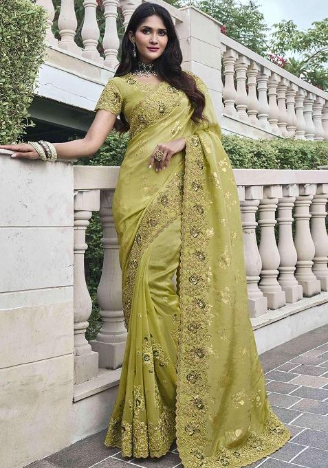 Green Embroidered Silk Saree Set