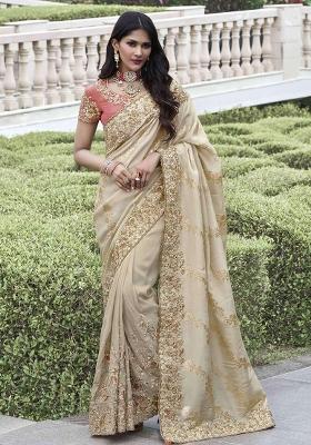 Cream Embroidered Silk Saree Set
