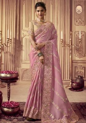 Pink Embroidered Silk Saree Set
