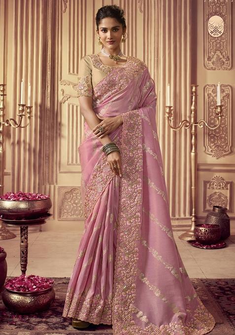 Pink Embroidered Silk Saree Set