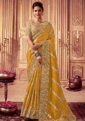 Yellow Embroidered Silk Saree Set