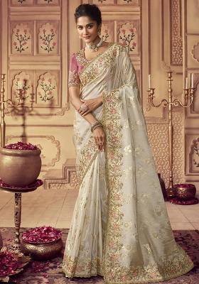 Cream Embroidered Silk Blend Saree Set