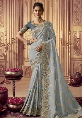 Grey Embroidered Silk Saree Set