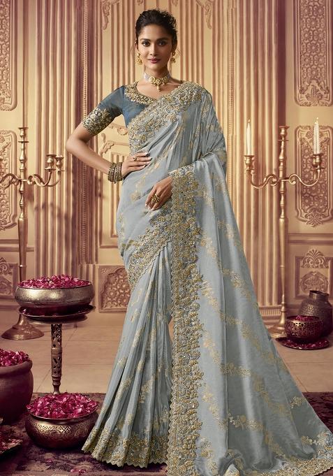 Grey Embroidered Silk Saree Set
