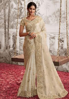 Cream Embroidered Silk Saree Set