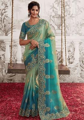 Sky Blue Embroidered Silk Saree Set