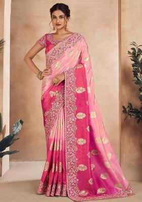 Pink Embroidered Silk Saree Set