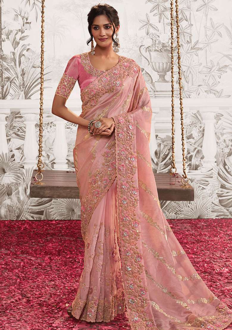Pink Embroidered Silk Blend Saree Set - Indya