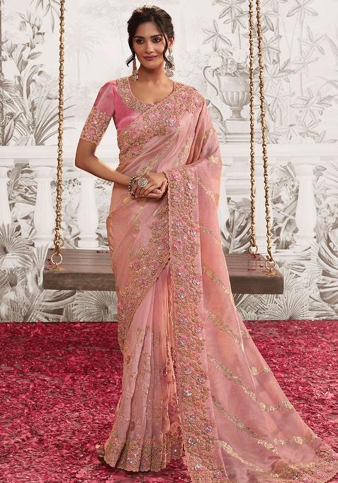 Pink Embroidered Silk Saree Set — view on Indya