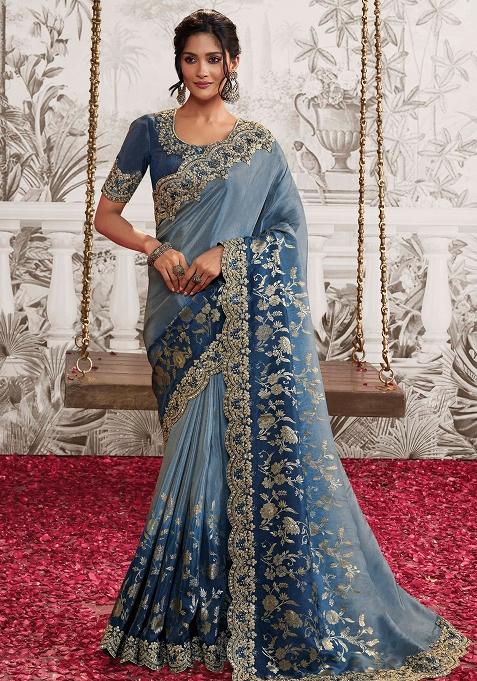 Blue Embroidered Silk Blend Saree Set