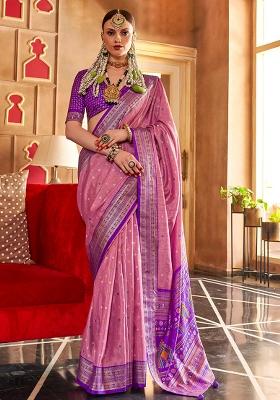 Pink Embroidered Silk Saree Set