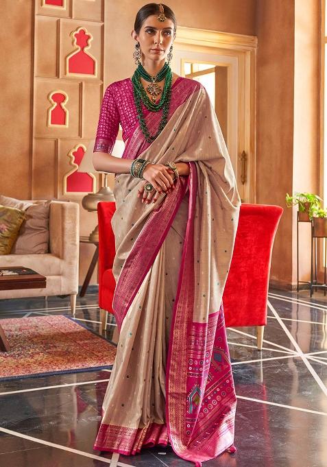 Cream Embroidered Silk Saree Set