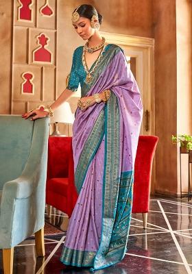 Purple Embroidered Silk Saree Set