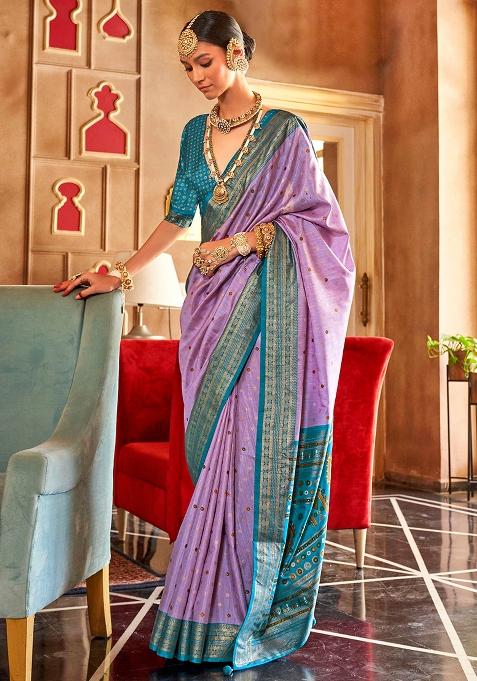 Purple Embroidered Silk Saree Set
