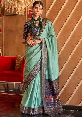 Sky Blue Embroidered Silk Saree Set