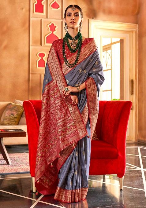 Grey Embroidered Silk Saree Set
