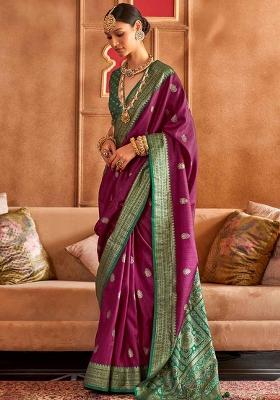 Purple Embroidered Silk Saree Set