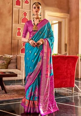 Sky Blue Embroidered Silk Saree Set