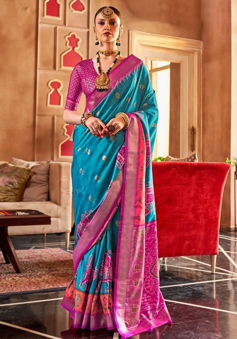 Sky Blue Embroidered Silk Saree Set