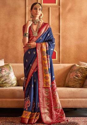 Blue Embroidered Silk Saree Set