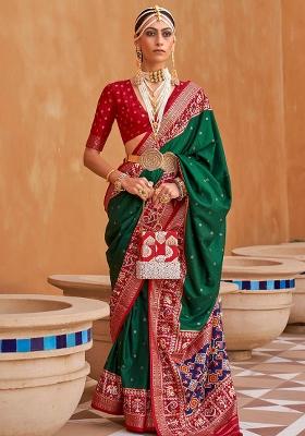Green Embroidered Silk Saree Set