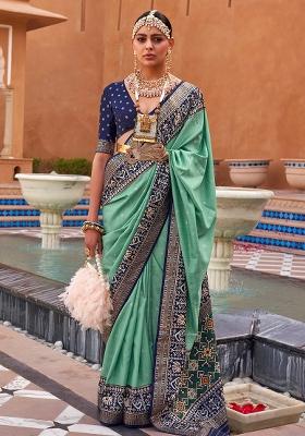 Sky Blue Embroidered Silk Saree Set