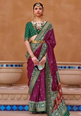 Purple Embroidered Silk Saree Set