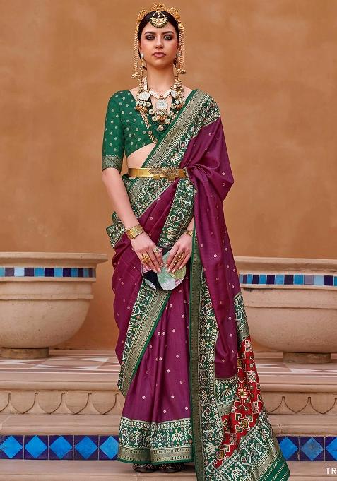 Purple Embroidered Silk Saree Set