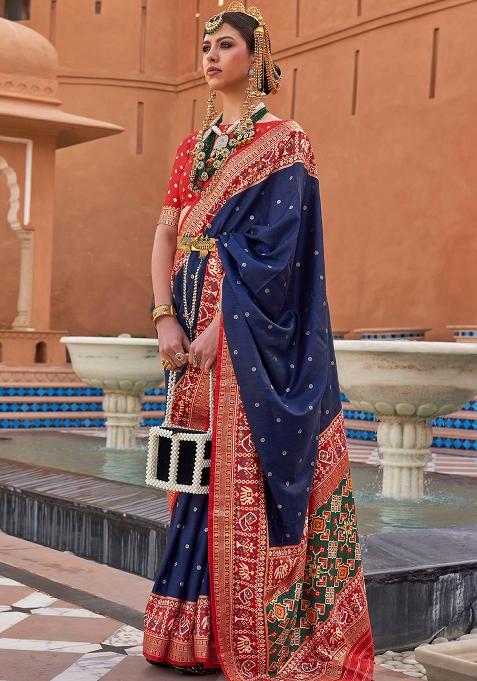 Blue Embroidered Silk Saree Set