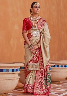Cream Embroidered Silk Saree Set