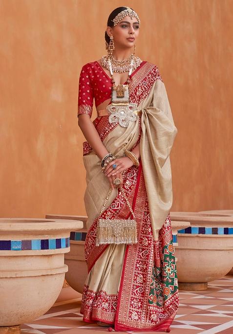 Cream Embroidered Silk Saree Set
